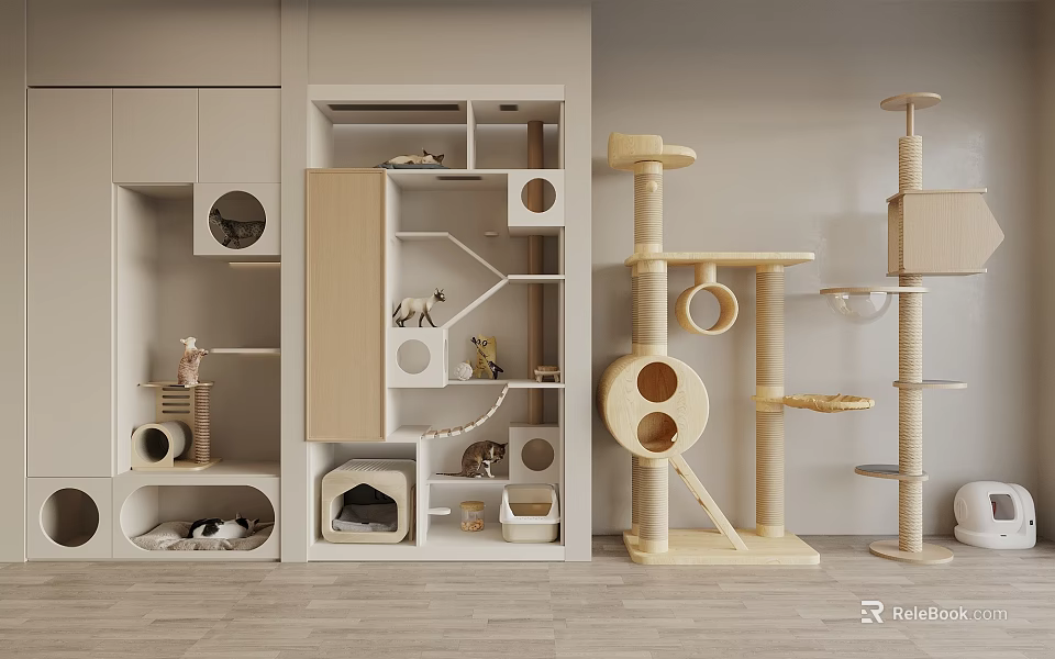 Modern Cat Room Interior With Light Wooden Cat Tree Multi Level Shelves and Cozy Beds 3d model 