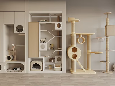 Modern Cat Room Interior With Light Wooden Cat Tree Multi Level Shelves and Cozy Beds 3d model
