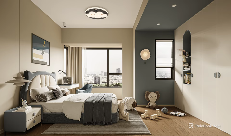 Cozy Kids Room Interior With Bed Desk Lamp Window Stuffed Toys And City View 3d model 
