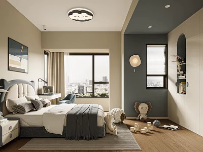 Cozy Kids Room Interior With Bed Desk Lamp Window Stuffed Toys And City View 3d model