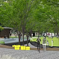 Lush Garden Landscape Design with Diverse Trees Pink Flowers Stone Paths and People Walking