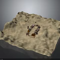 Miniature Terrain Model with Small Wooden Buildings and Textured Surface Layout Design