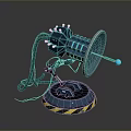 Futuristic Sci Fi Weapon With Blue Glowing Parts Circular Base And Warning Stripes