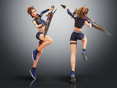 3D Female Character With Sporty Outfit Holding Weapon In Jumping Pose Front Back Views 3d model