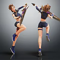 3D Female Character With Sporty Outfit Holding Weapon In Jumping Pose Front Back Views