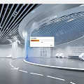 Modern Exhibition Hall Interior With Curved Wall Design Display Cabinets White Seats And Floor Arrows