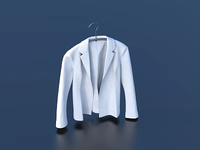 Stylish White Blazer Hanging On Hanger Against Dark Blue Minimalist Background 3d model