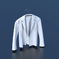 Stylish White Blazer Hanging On Hanger Against Dark Blue Minimalist Background