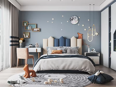Cozy Modern Kids Room Interior With Blue Walls Star Moon Decor Kids Bed And Toys 3d model