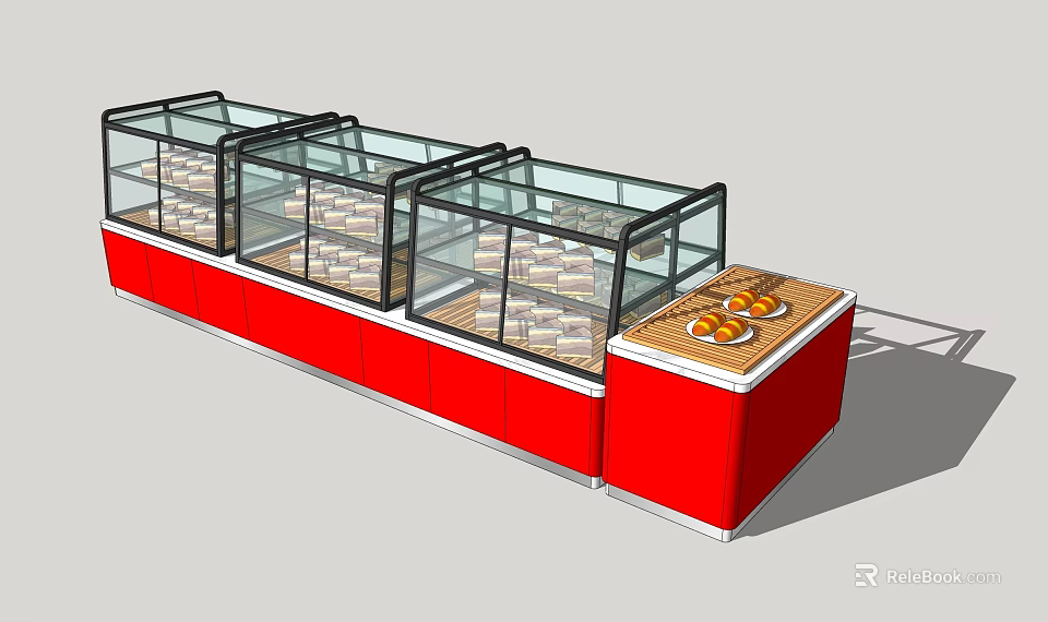 Red Retail Display Cases With Glass Doors For Pastry Items And Serving Counter 3d model 