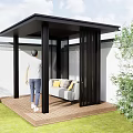 Modern Pergola with Black Frame and Wooden Deck Featuring Sofa and Green Plants