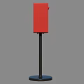 Two Red Fire Equipment With Black Bases Poles And White Labels 3d model
