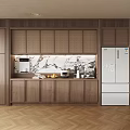 Modern Kitchen Wooden Sideboard With Marble Countertop Built-in Appliances And White Refrigerator On Herringbone Floor