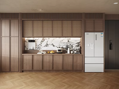 Modern Kitchen Wooden Sideboard With Marble Countertop Built-in Appliances And White Refrigerator On Herringbone Floor 3d model