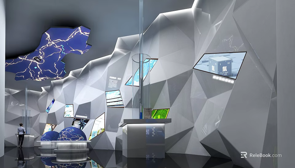Modern Exhibition Space with White Geometric Walls Display Stand Screens Globe and Blue Lighting 3d model 