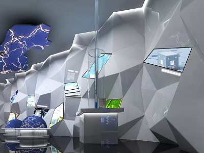 Modern Exhibition Space with White Geometric Walls Display Stand Screens Globe and Blue Lighting 3d model