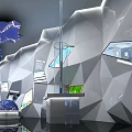 Modern Exhibition Space with White Geometric Walls Display Stand Screens Globe and Blue Lighting