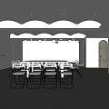 Modern Conference Room Interior With Wavy Ceiling Tables Chairs Projector Screen And Natural Light