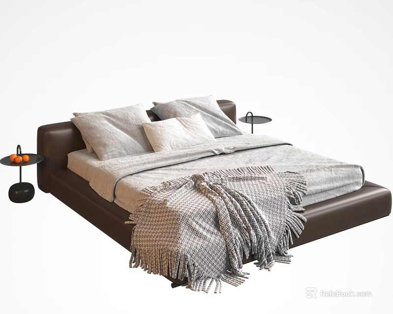 Modern Brown Double Bed with Gray Pillows Throw Blanket and Black Nightstands Lamps 3d model 