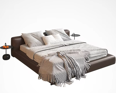 Modern Brown Double Bed with Gray Pillows Throw Blanket and Black Nightstands Lamps 3d model