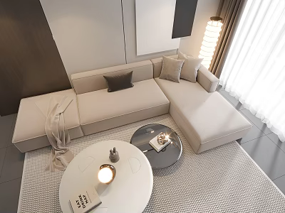 Beige L shaped Sectional Sofa In Modern Living Room With Coffee Table And Pillows 3d model