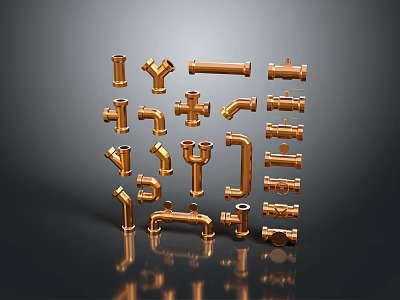 Modern Copper Lighting Fixture Combination With Various Shapes Arranged On Dark Reflective Background 3d model