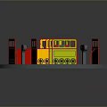 Colorful Cartoon Style Vehicle Shaped Structures On Circular Rotating Platform With Red Yellow Orange