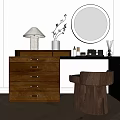 Stylish Wooden Dressing Table With Round Mirror Table Lamp Decorative Items And Stool 3d model