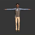 Man with outstretched arms wearing blue shirt plaid vest yellow checkered pants on gray background