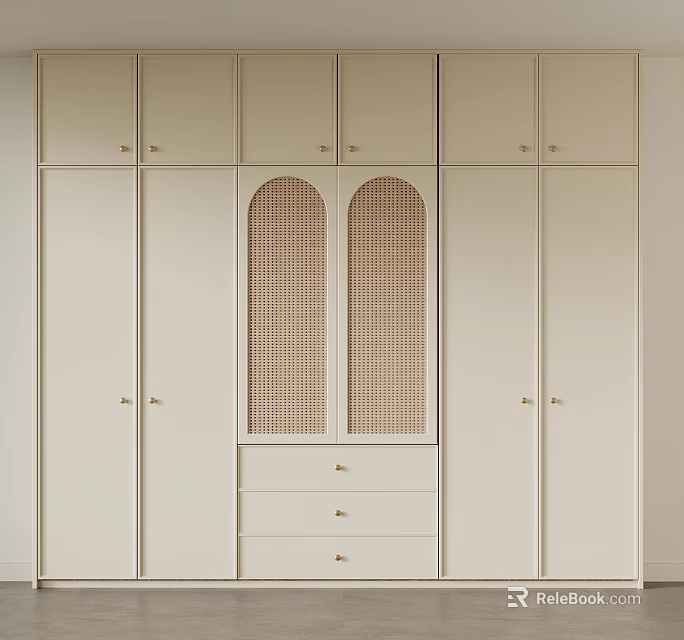 Modern Wardrobe Interior Design With Arched Rattan Mesh Doors And Storage Drawers 3d model 