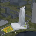 Modern Glass Facade Skyscraper In Urban Area With Surrounding Buildings And Greenery