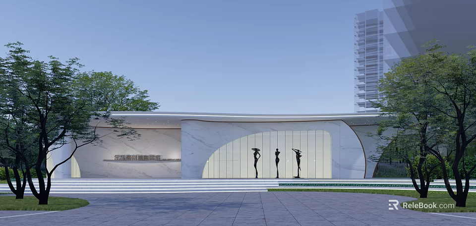 Modern Garden Landscape with Curved White Building Black Sculptures Trees and Stone Paths 3d model 