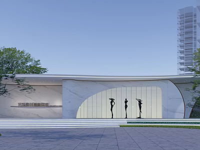 Modern Garden Landscape with Curved White Building Black Sculptures Trees and Stone Paths 3d model