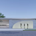 Modern Garden Landscape with Curved White Building Black Sculptures Trees and Stone Paths