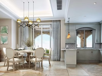Elegant Modern Kitchen Interior Design With Marble Island Cabinets And Pendant Lights 3d model