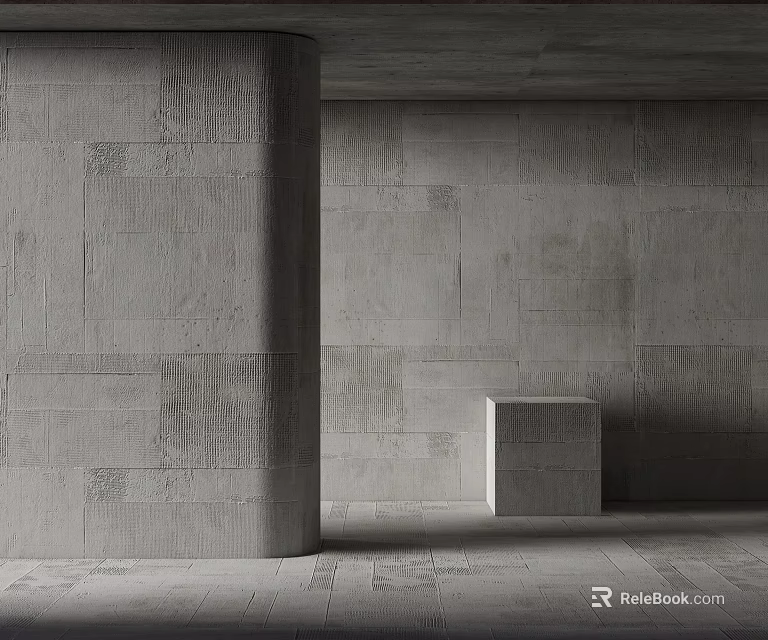 Gray Concrete Interior Space With Column And Cube On Polished Floor 3d model