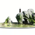 Serene Miniature Garden Ornament With Rocky Landscape Pagoda Water Feature And Climbing Plants