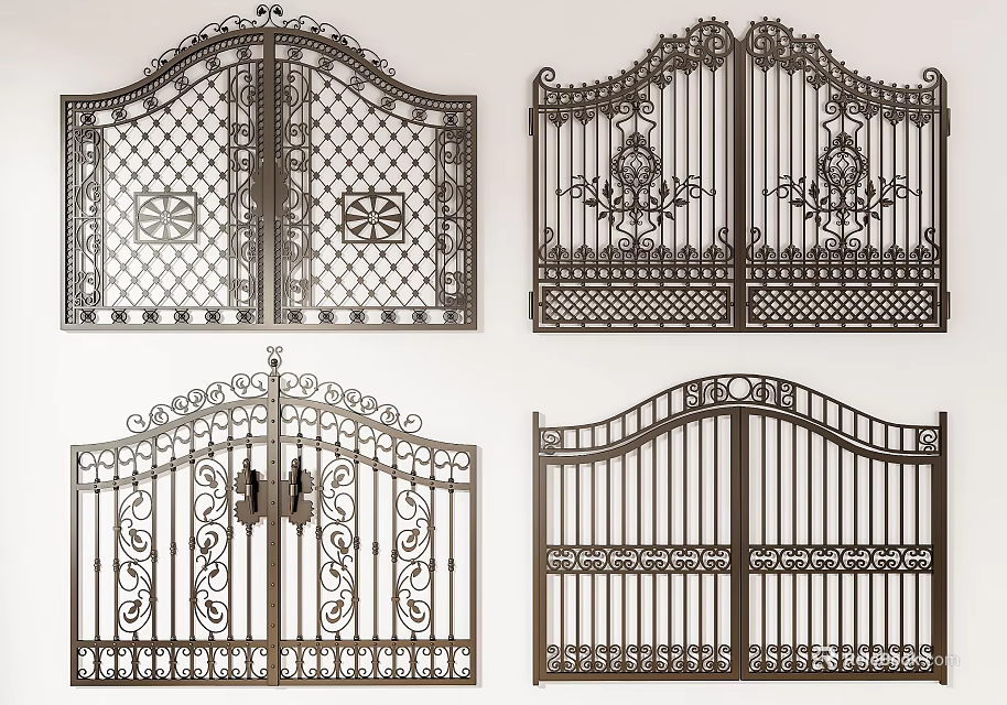 Wrought Iron Entrance Gates With Intricate Decorative Patterns And Different Styles 3d model 