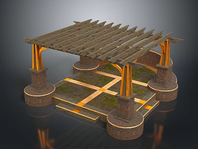 Architectural Structure Featuring Wooden Lattice Roof Orange Brick Pillars Circular Bases Stone Slabs And Grass 3d model