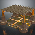 Architectural Structure Featuring Wooden Lattice Roof Orange Brick Pillars Circular Bases Stone Slabs And Grass