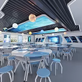 Modern School Science Classroom With Starry Sky Ceiling Blue Decor Tables And Chairs 3d model
