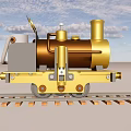 Colorful Toy Train Model On Wooden Track With Gold Brown And Gray Details