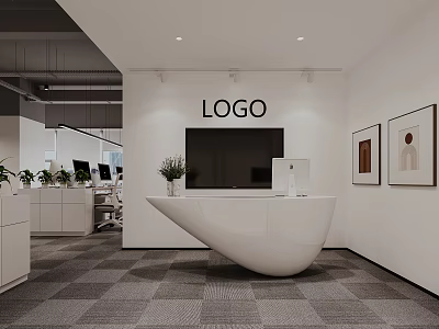 Modern Reception Desk With Logo Sign Green Plants And Decorative Paintings In Open Office Space 3d model