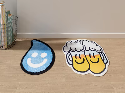 Fun Shaped Decorative Rugs Featuring Blue Droplet Smiley Face and Yellow Beer Mugs Design 3d model