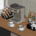 Modern Kitchen Appliances Display With Espresso Machine Coffee Cups Bean Bags And Sugar Jar