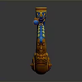 Decorative Orange Lyre Ornament With Blue Yellow Accents And Carved Face Design