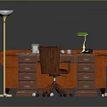 Functional Workspace Interior With Wooden Desk Swivel Chair Orange Sofa Lamps Documents And Telephone