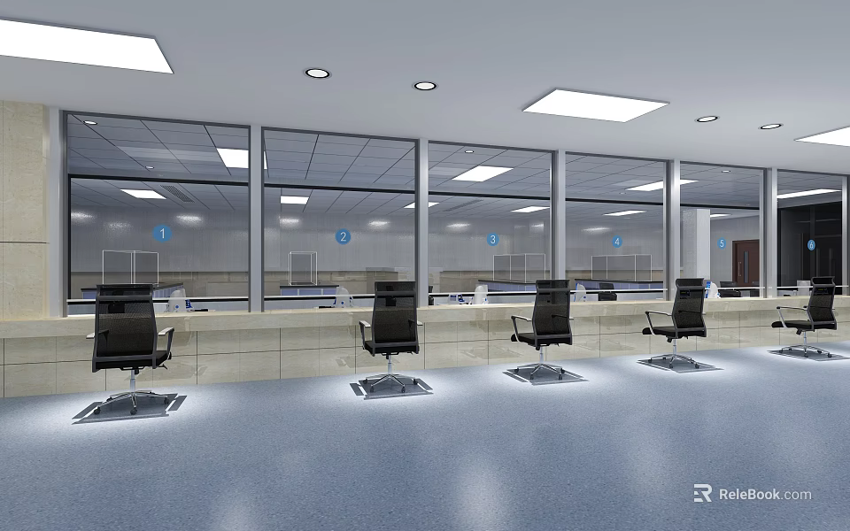 Modern Public Service Area With Black Office Chairs Long Counter Glass Windows And Ceiling Lights 3d model 