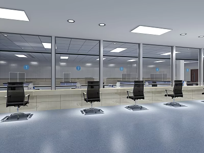 Modern Public Service Area With Black Office Chairs Long Counter Glass Windows And Ceiling Lights 3d model