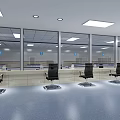 Modern Public Service Area With Black Office Chairs Long Counter Glass Windows And Ceiling Lights